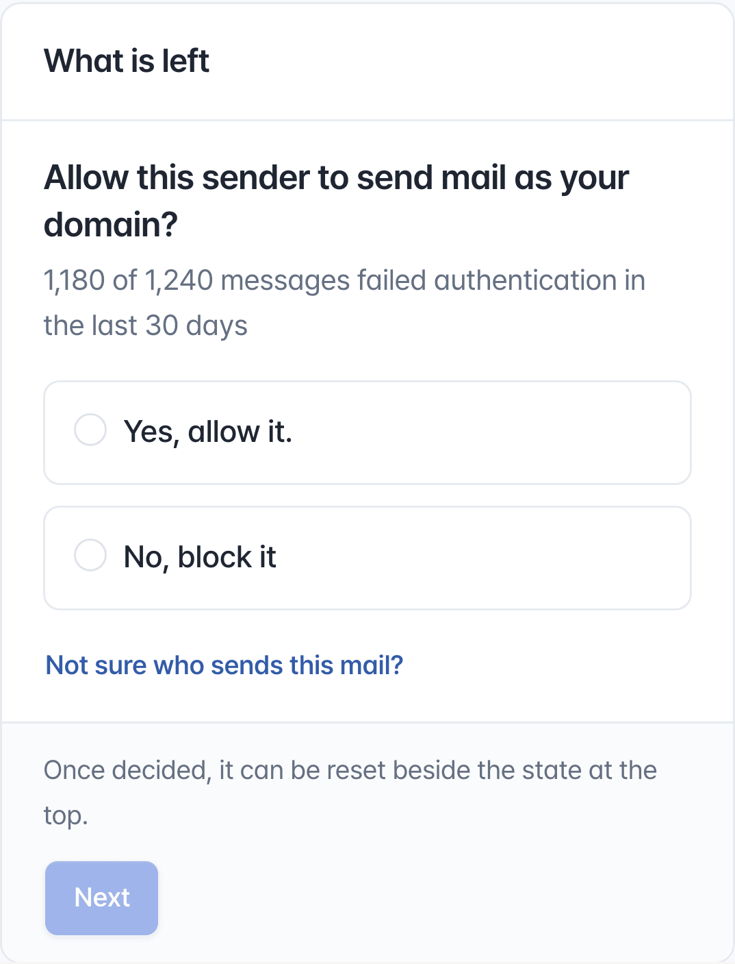 The question on a sender's page: allow this sender to send mail as your domain, or block it.